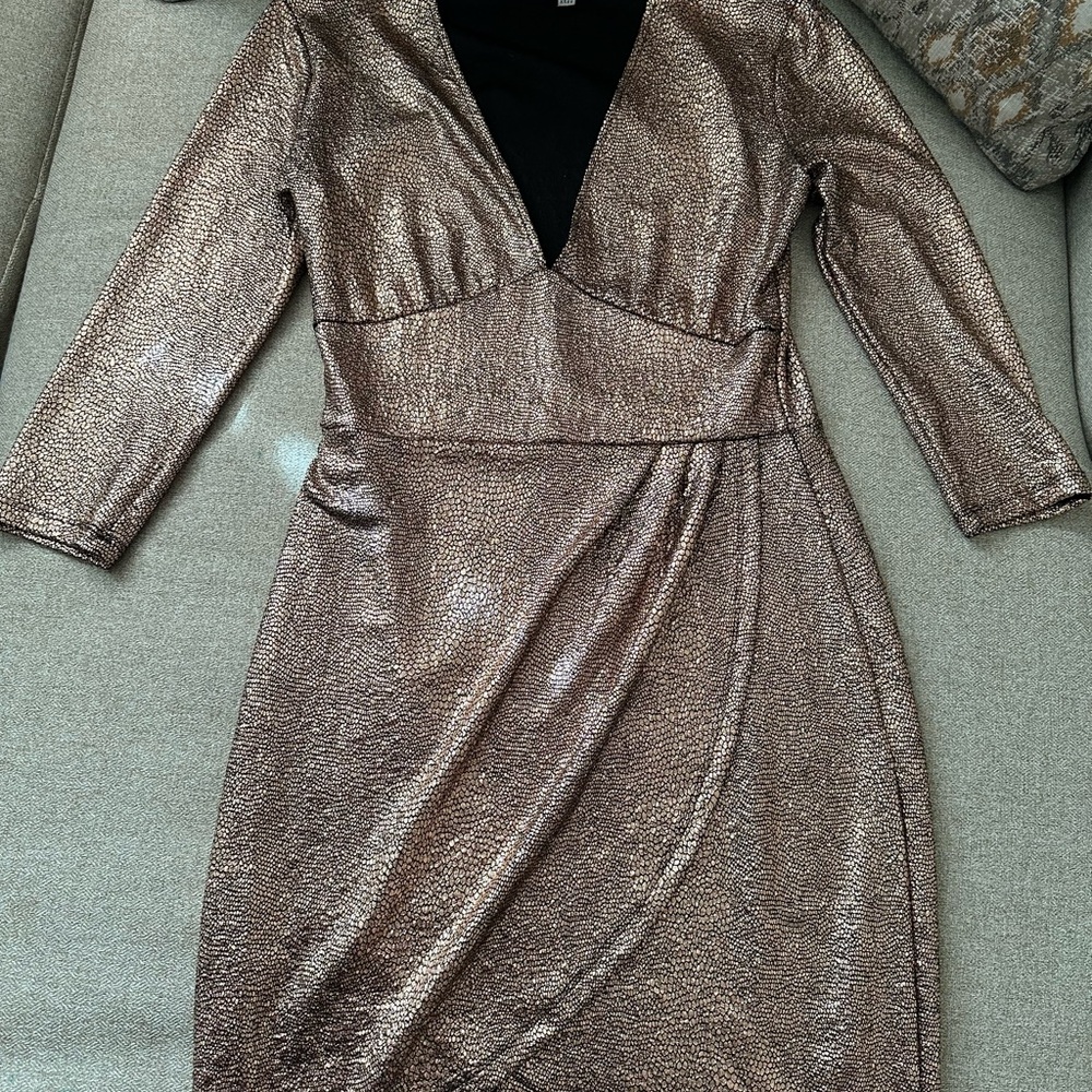 Metallic Bronze V-Neck Wrap Dress